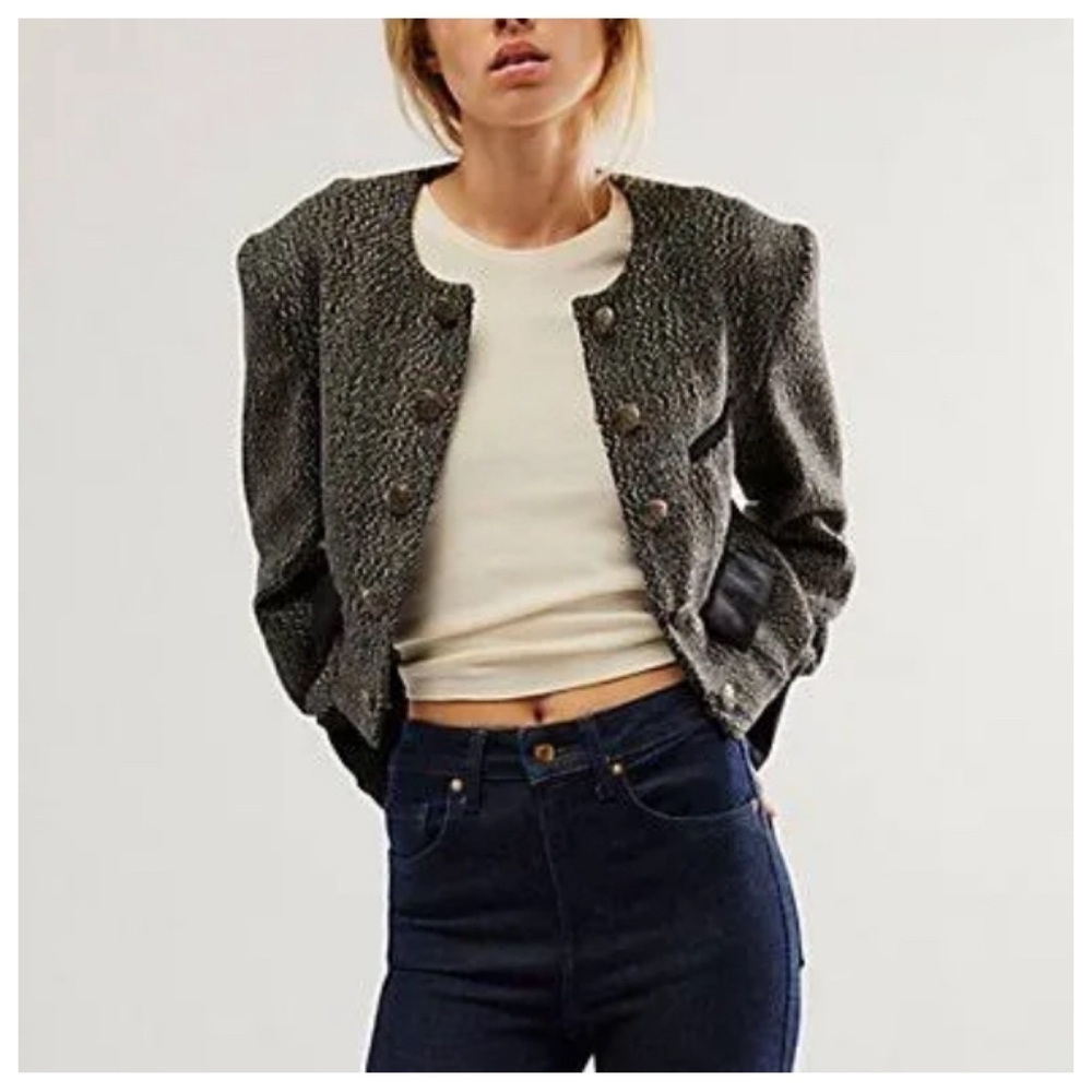 Free People Tweed Emily Jacket sz: S Black Cropped Military Coat Velvet Cuffs